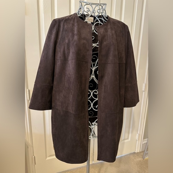 Chico’s Faux Suede Gold Zipper Detail Jacket Duster Dark Brown Size 1 - Picture 3 of 9